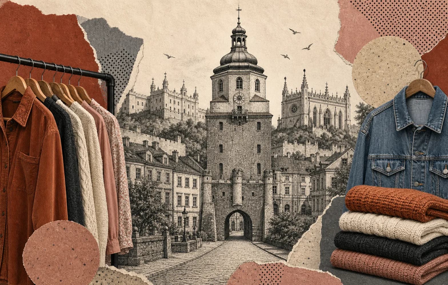 Kolaż lubelskiej Bramy Krakowskiej, Zamku Lubelskiego i ubrań na wieszakach